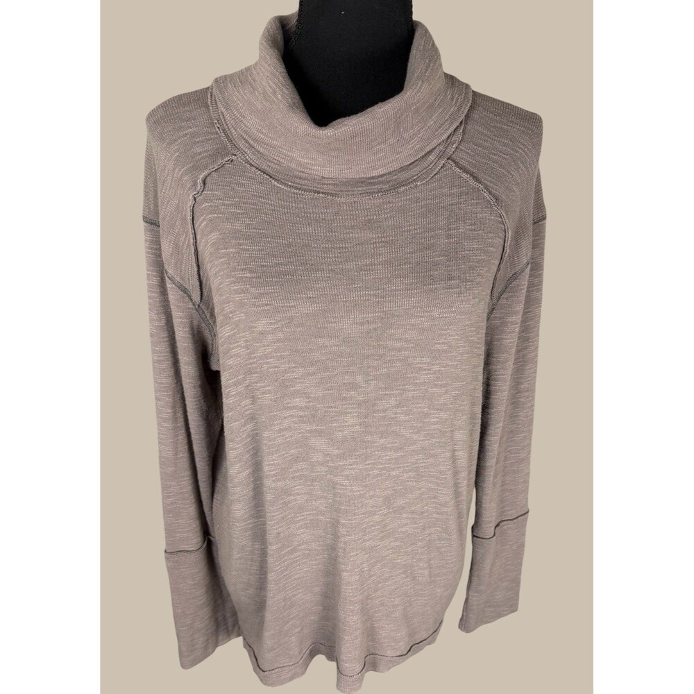 We The Free Womens Large Taupe Long Sleeve Turtleneck Top Split Back Neutral